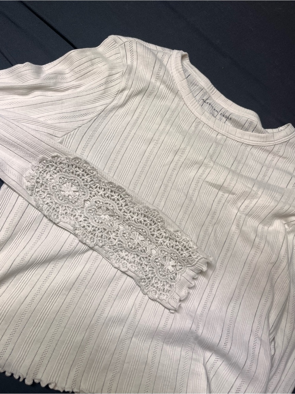 American Eagle Outfitters White Lace-Trim Ribbed Long Sleeve cropped Top
